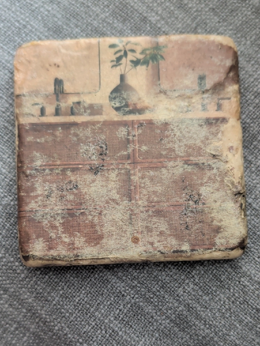 Vintage Decorative Ceramic Stone Coaster with Botanical Motif - Handcrafted